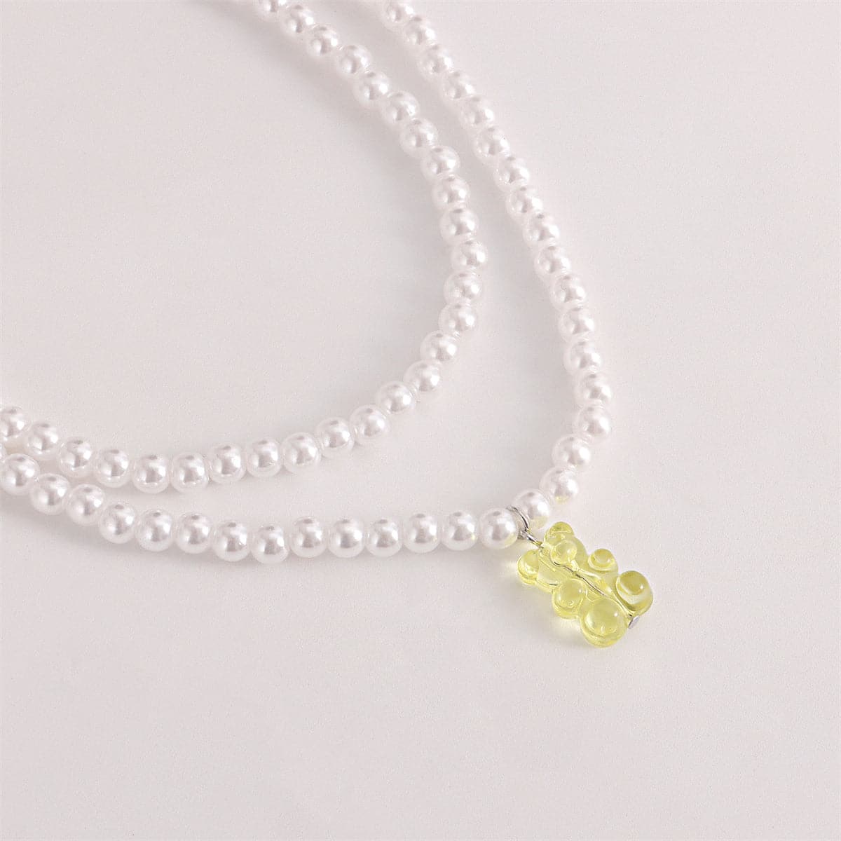 Yellow Acrylic & Pearl Bear Layered Pendant Necklace