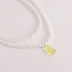 Yellow Acrylic & Pearl Bear Layered Pendant Necklace