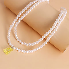 Yellow Acrylic & Pearl Bear Layered Pendant Necklace