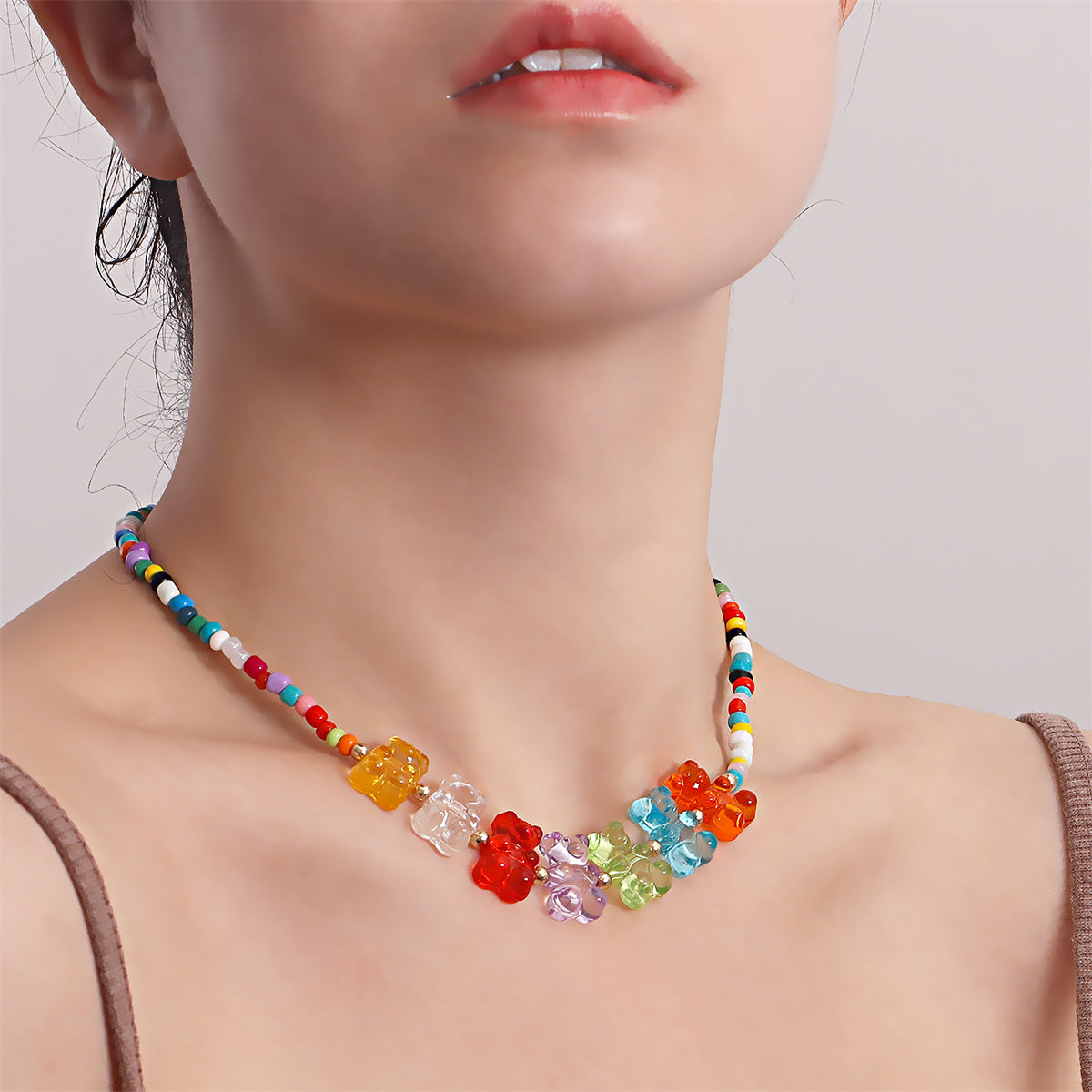 Howlite and Multicolor Resin Bears Necklace, pendant necklace for women, elegant gift for her, side view