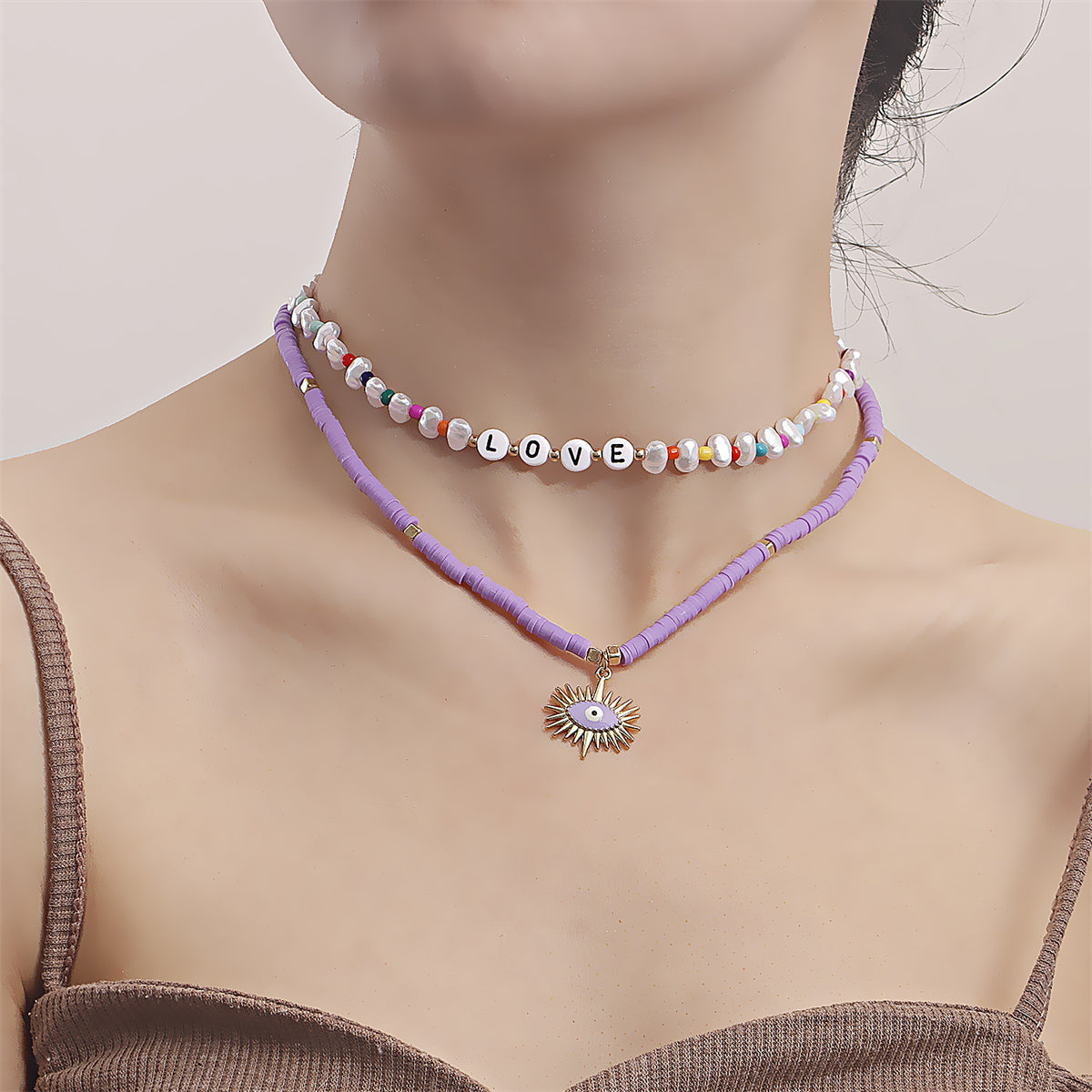 Howlite and Pearl 18K Gold-Plated 'Love' Pendant Necklace Set, jewelry gift sets for women, detail close-up