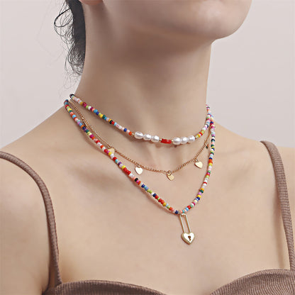 Multicolor Howlite and Pearl 18K Gold-Plated Heart Pendant Necklace Set, jewelry gift sets for women, front view