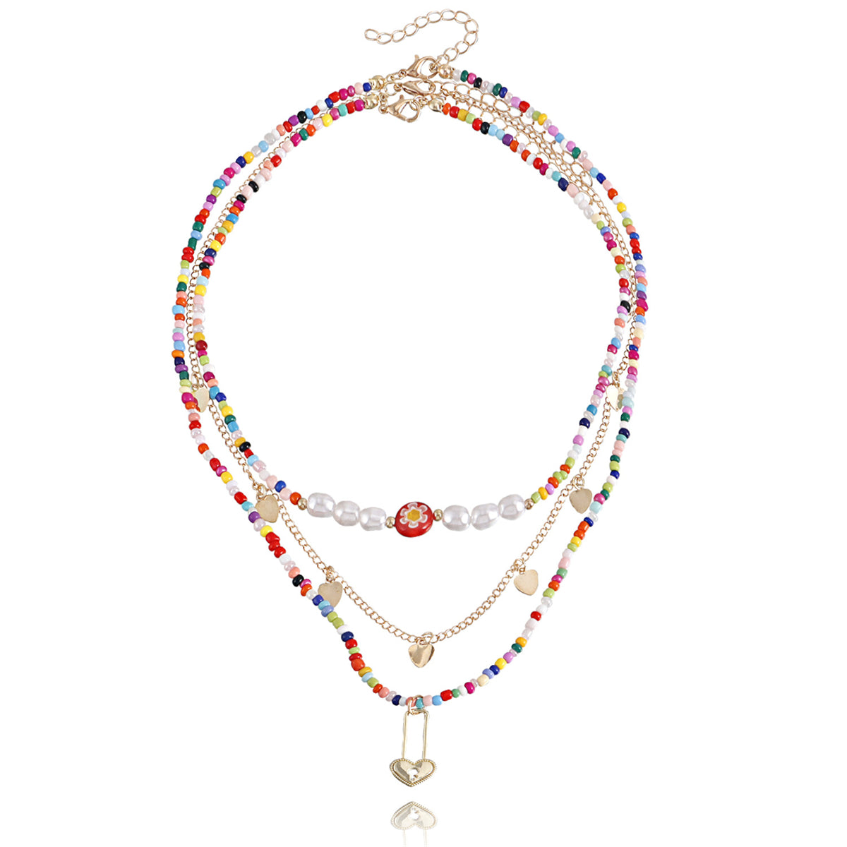 Multicolor Howlite and Pearl 18K Gold-Plated Heart Pendant Necklace Set, jewelry gift sets for women, detail close-up