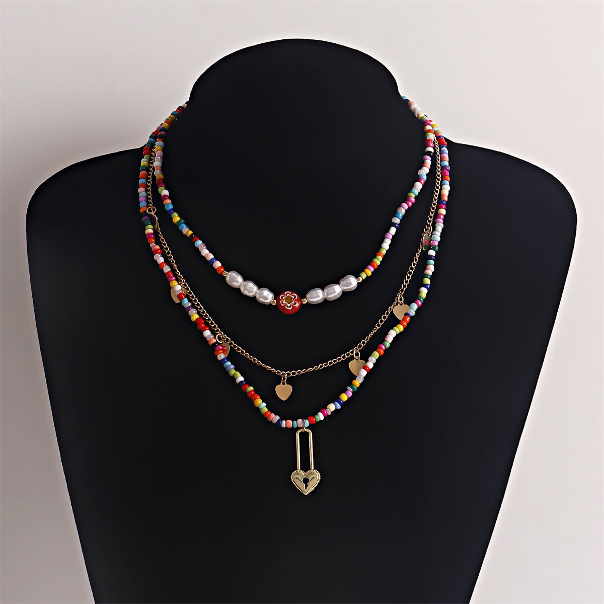 Multicolor Howlite and Pearl 18K Gold-Plated Heart Pendant Necklace Set, jewelry gift sets for women, side view