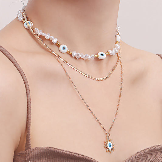 Pearl and Acrylic 18K Gold-Plated Eye Layered Pendant Necklace, gold pendant necklace for women, front view