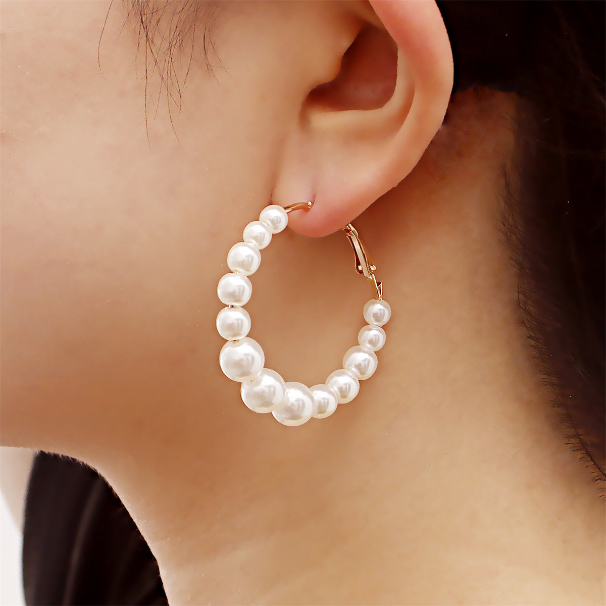 Pearl and 18K Gold-Plated Hoop Earrings, elegant gift for her, front view