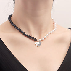 Black & White Pearl Yin Yang Heart Pendant Necklace