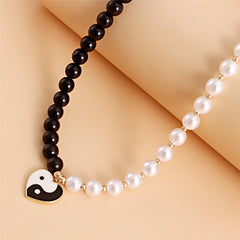 Black & White Pearl Yin Yang Heart Pendant Necklace