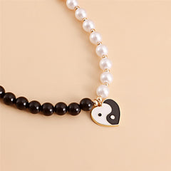 Black & White Pearl Yin Yang Heart Pendant Necklace