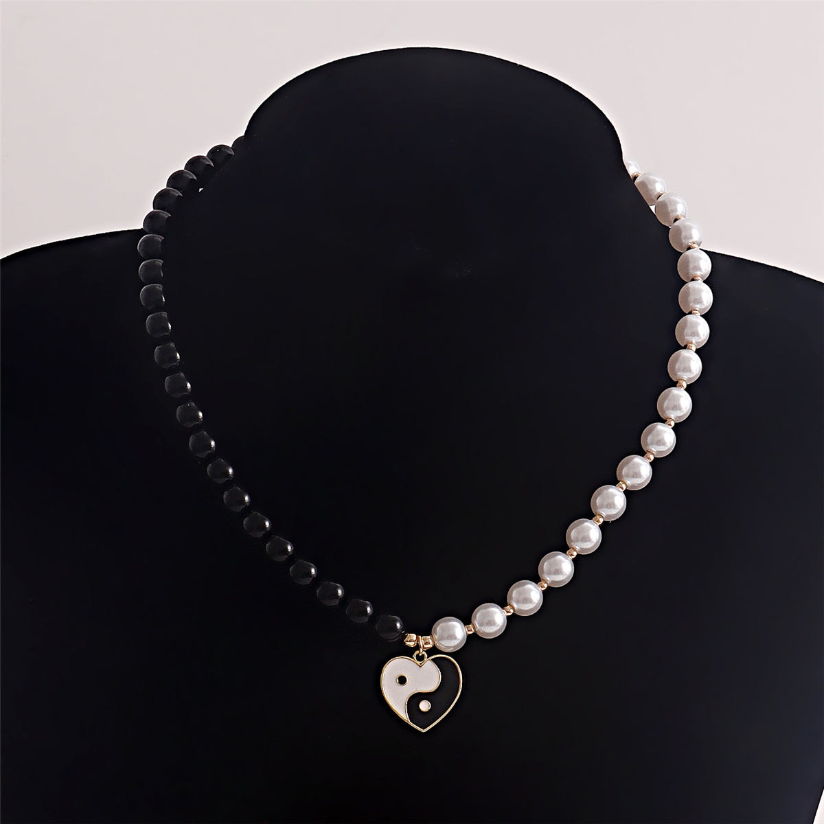 Black & White Pearl Yin Yang Heart Pendant Necklace