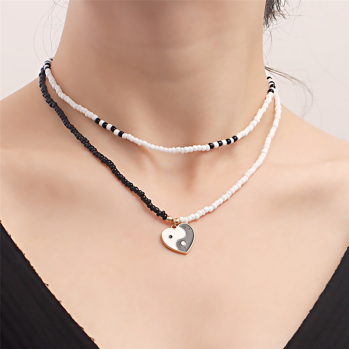 Black and White Howlite Yin Yang Pendant Layered Necklace, pendant necklace for women, everyday style, front view