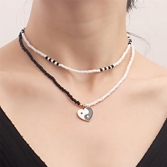 Black and White Howlite Yin Yang Pendant Layered Necklace, pendant necklace for women, everyday style, front view