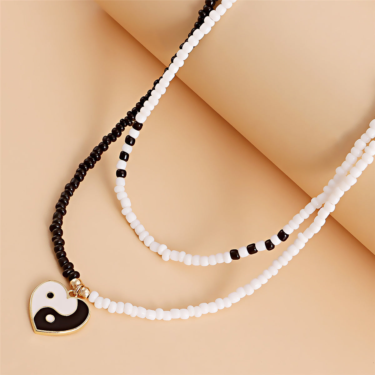 Black and White Howlite Yin Yang Pendant Layered Necklace, pendant necklace for women, everyday style, detail close-up