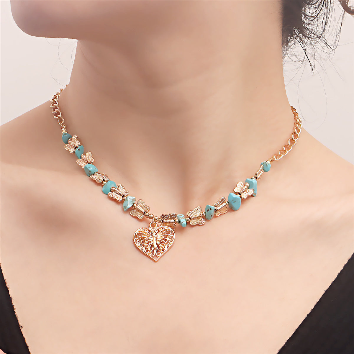 Turquoise and 18K Gold-Plated Butterfly Heart Pendant Necklace, gold pendant necklace for women, front view
