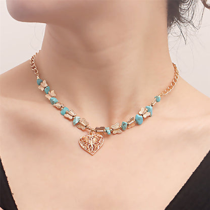 Turquoise and 18K Gold-Plated Butterfly Heart Pendant Necklace, gold pendant necklace for women, front view