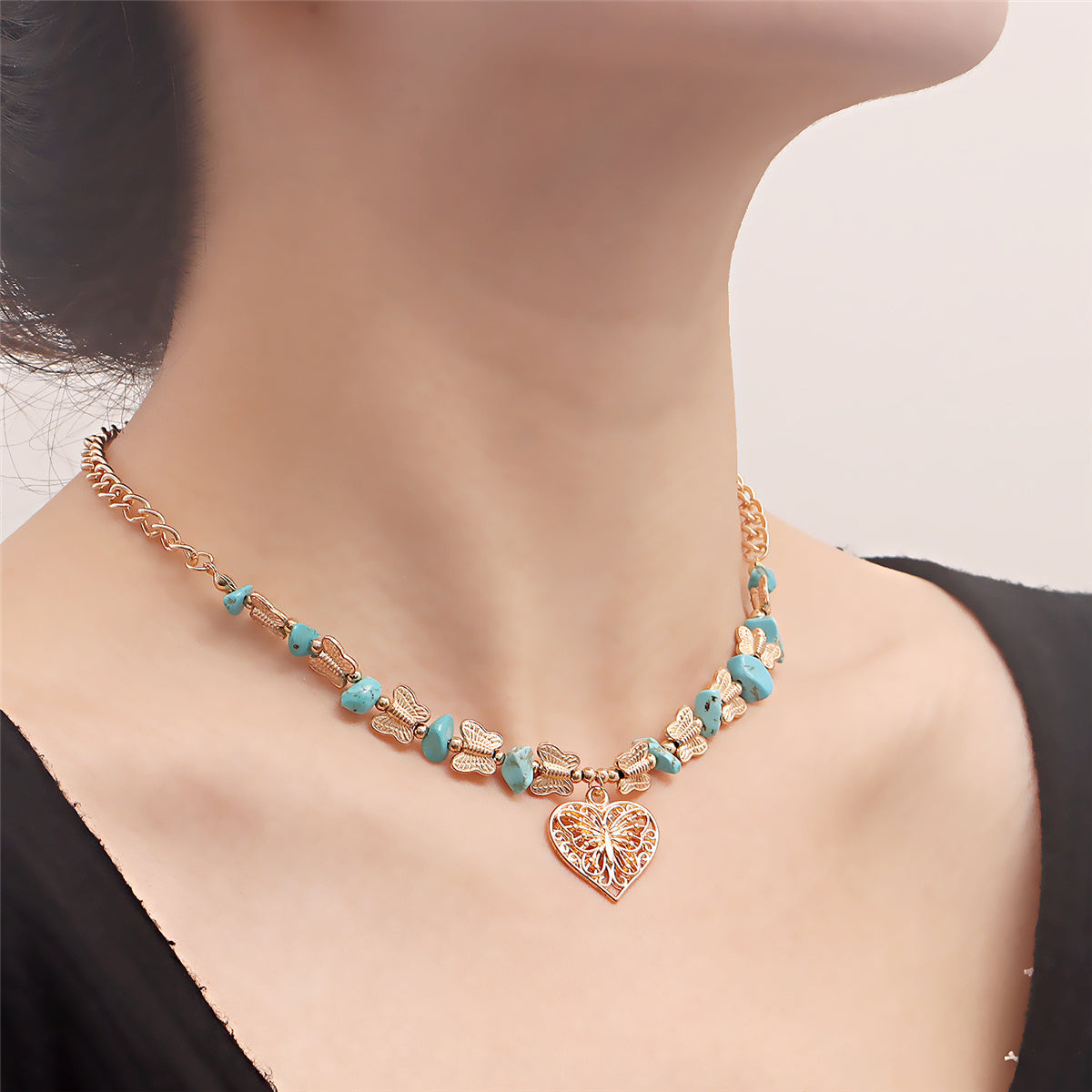 Turquoise and 18K Gold-Plated Butterfly Heart Pendant Necklace, gold pendant necklace for women, side view