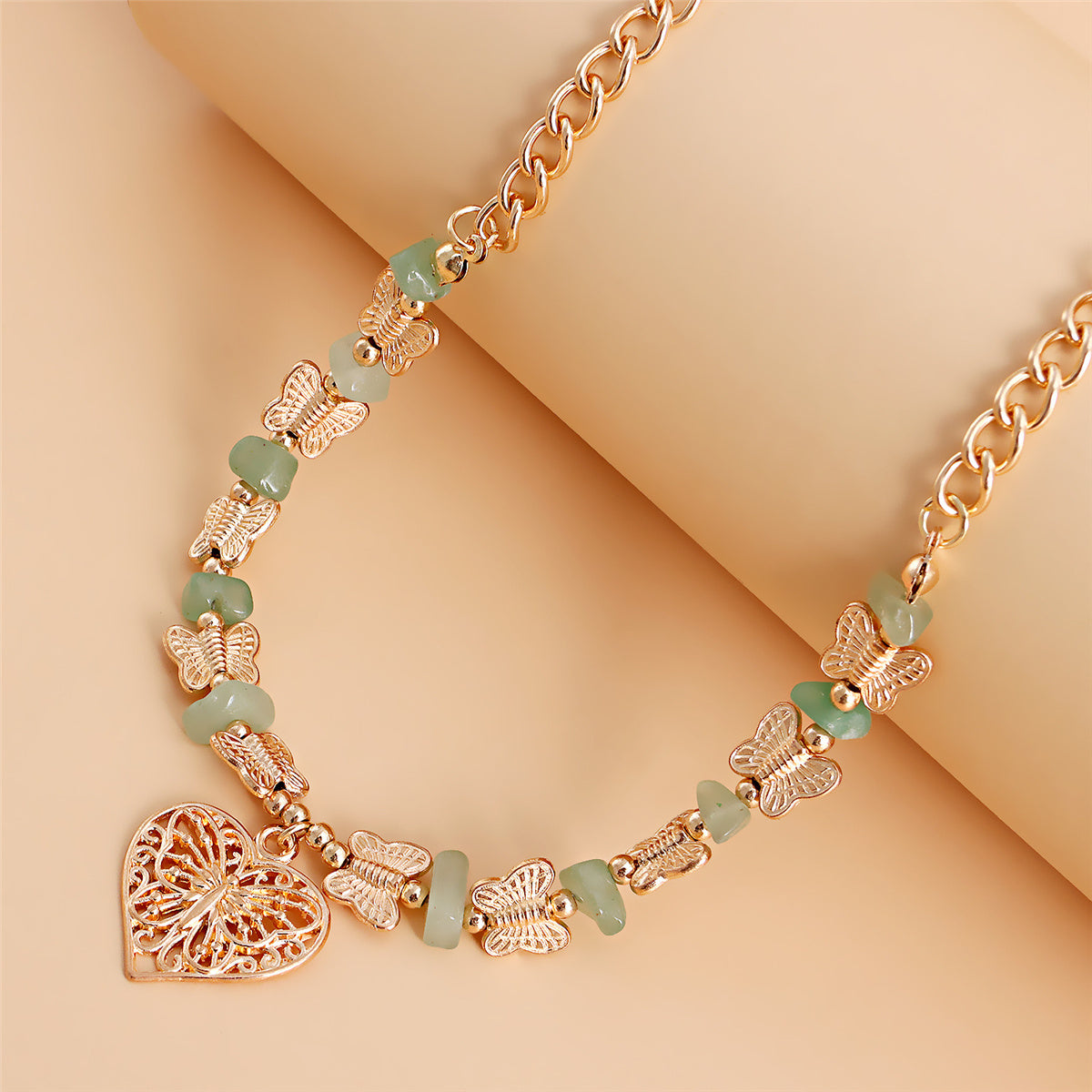 Turquoise and 18K Gold-Plated Butterfly Heart Pendant Necklace, gold pendant necklace for women, detail close-up