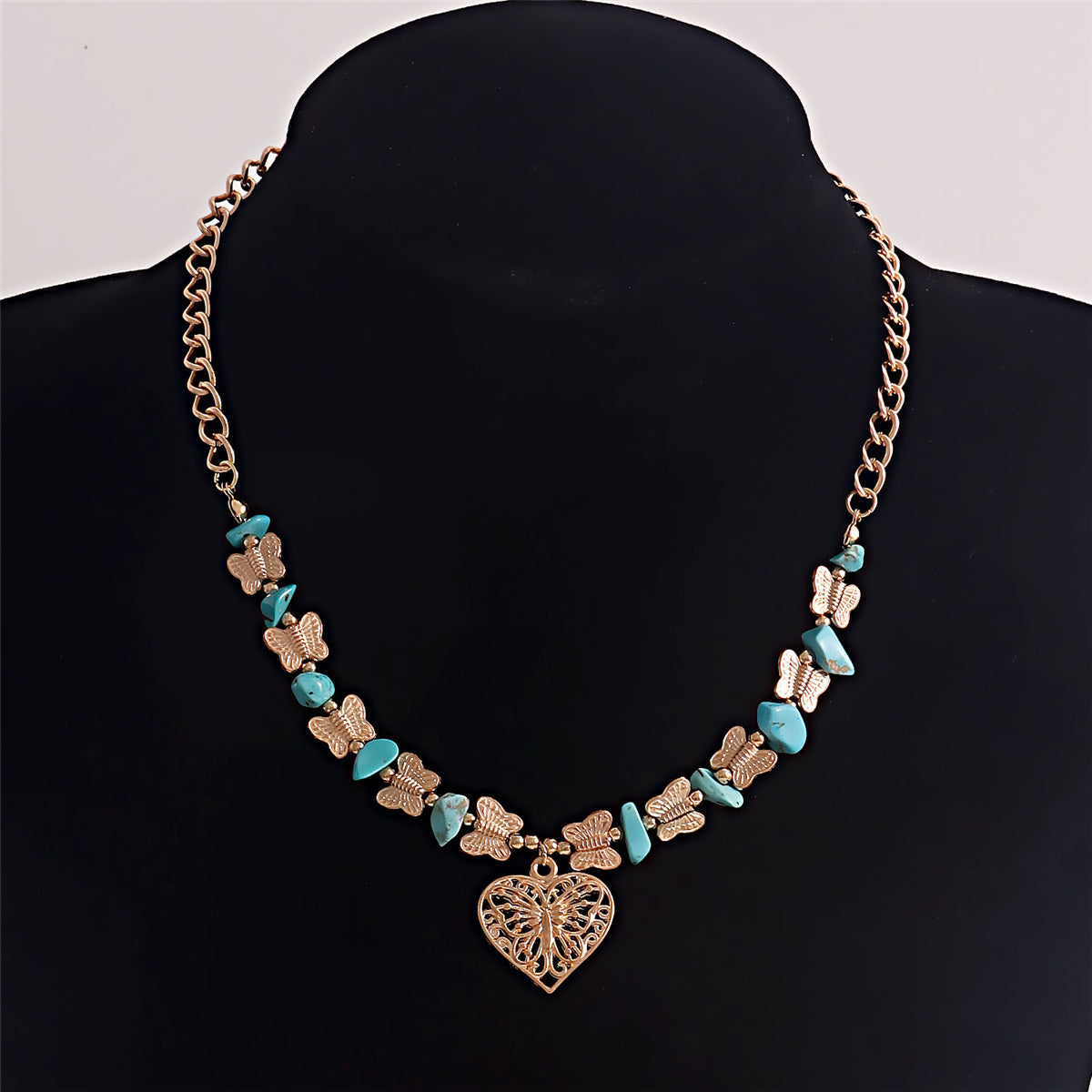 Turquoise and 18K Gold-Plated Butterfly Heart Pendant Necklace, gold pendant necklace for women, styled look