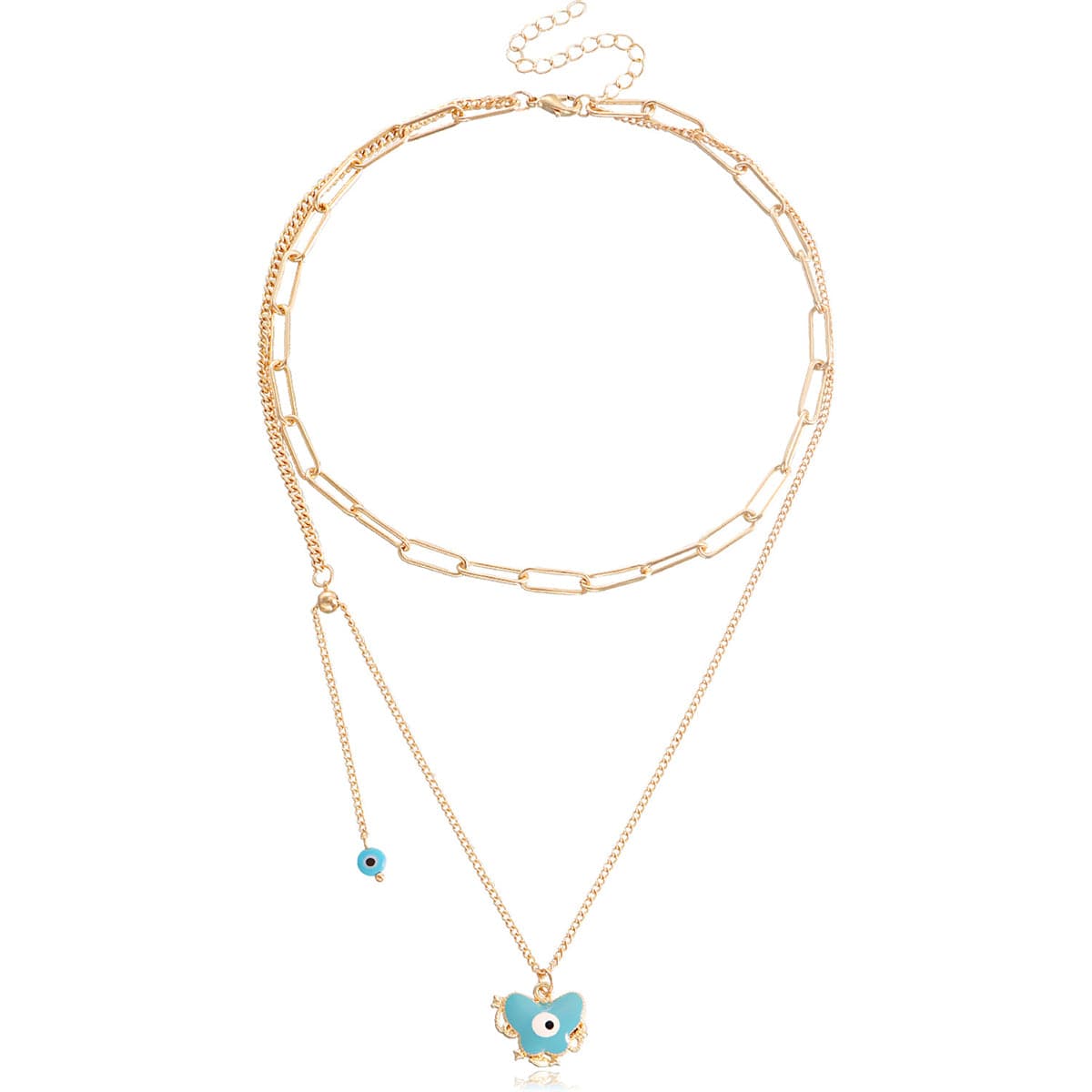 Blue Enamel and 18K Gold-Plated Eye Butterfly Layered Drop Pendant Necklace, gold pendant necklace for women, front view