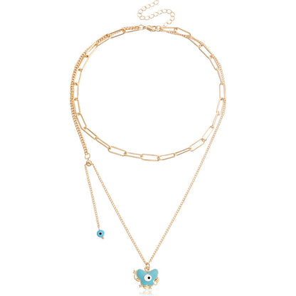 Blue Enamel and 18K Gold-Plated Eye Butterfly Layered Drop Pendant Necklace, gold pendant necklace for women, front view