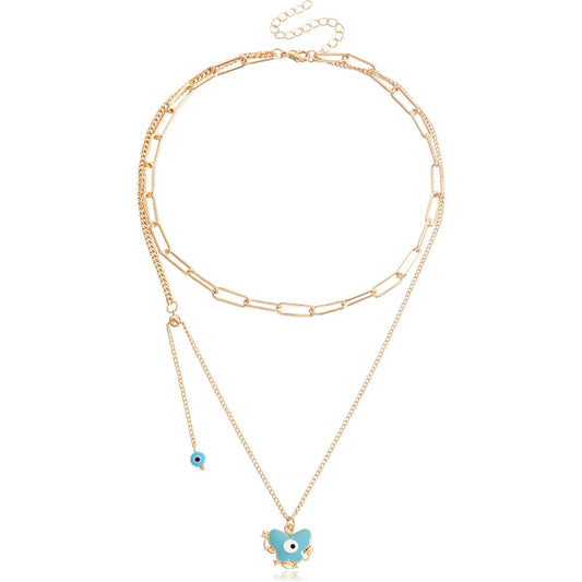 Blue Enamel and 18K Gold-Plated Eye Butterfly Layered Drop Pendant Necklace, gold pendant necklace for women, front view