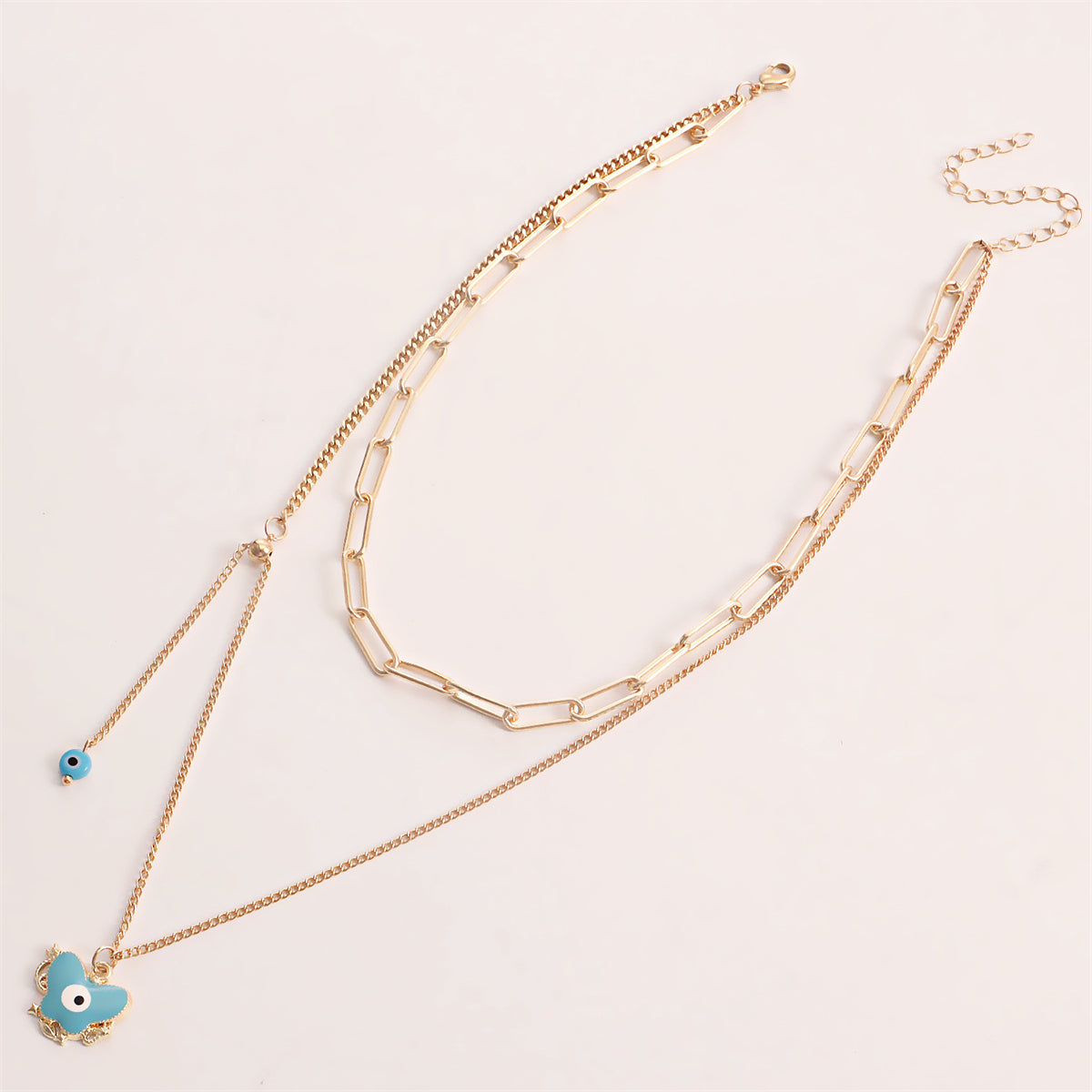 Blue Enamel and 18K Gold-Plated Eye Butterfly Layered Drop Pendant Necklace, gold pendant necklace for women, detail close-up