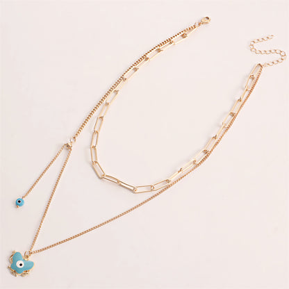 Blue Enamel and 18K Gold-Plated Eye Butterfly Layered Drop Pendant Necklace, gold pendant necklace for women, detail close-up