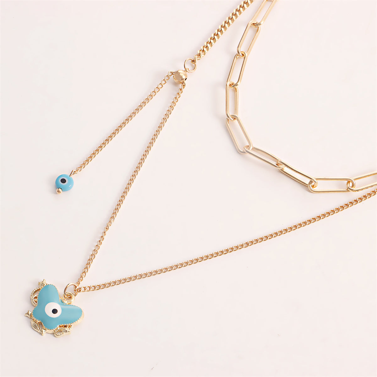 Blue Enamel and 18K Gold-Plated Eye Butterfly Layered Drop Pendant Necklace, gold pendant necklace for women, lifestyle look