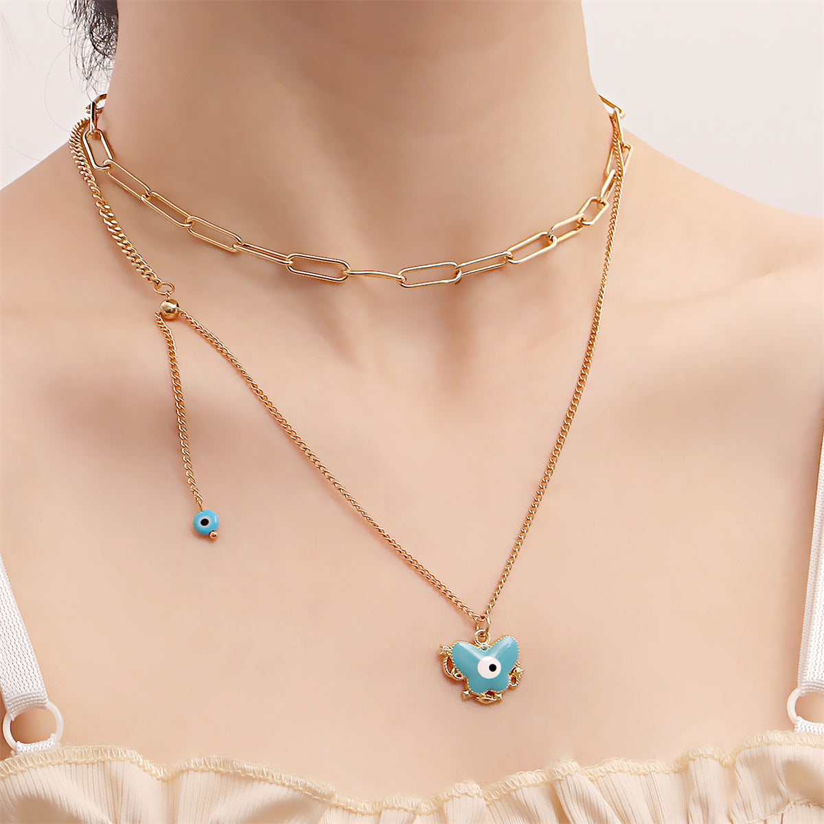 Blue Enamel and 18K Gold-Plated Eye Butterfly Layered Drop Pendant Necklace, gold pendant necklace for women, side view