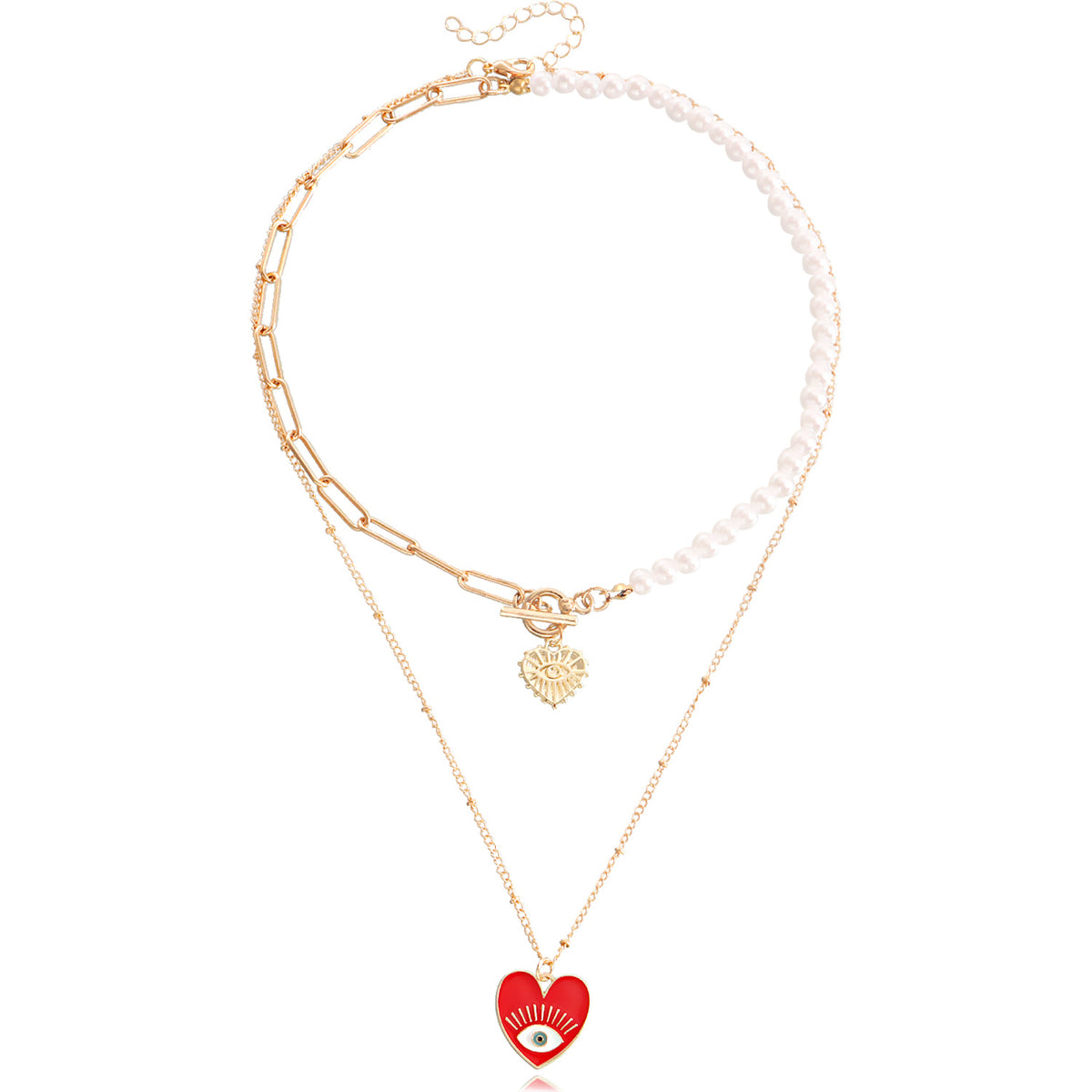 Red Enamel and Pearl Evil Eye Heart Pendant Necklace Set, pendant necklace for women, dainty minimalist design, front view