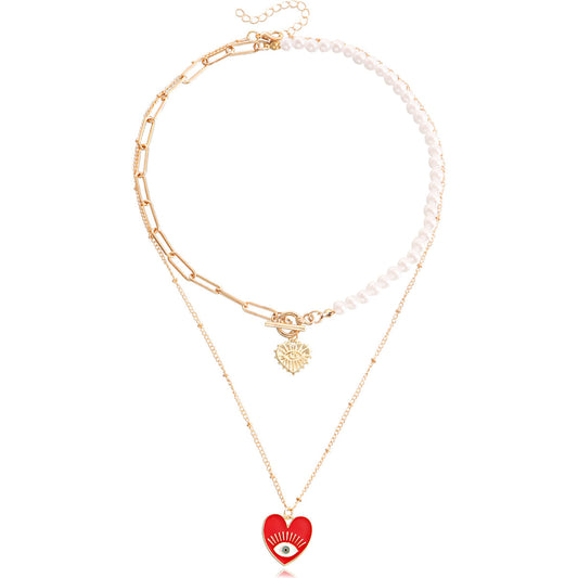 Red Enamel and Pearl Evil Eye Heart Pendant Necklace Set, pendant necklace for women, everyday style, front view