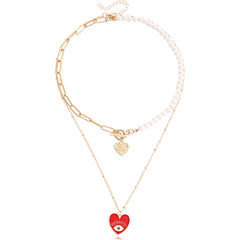 Red Enamel & Pearl Evil Eye Heart Pendant Necklace Set