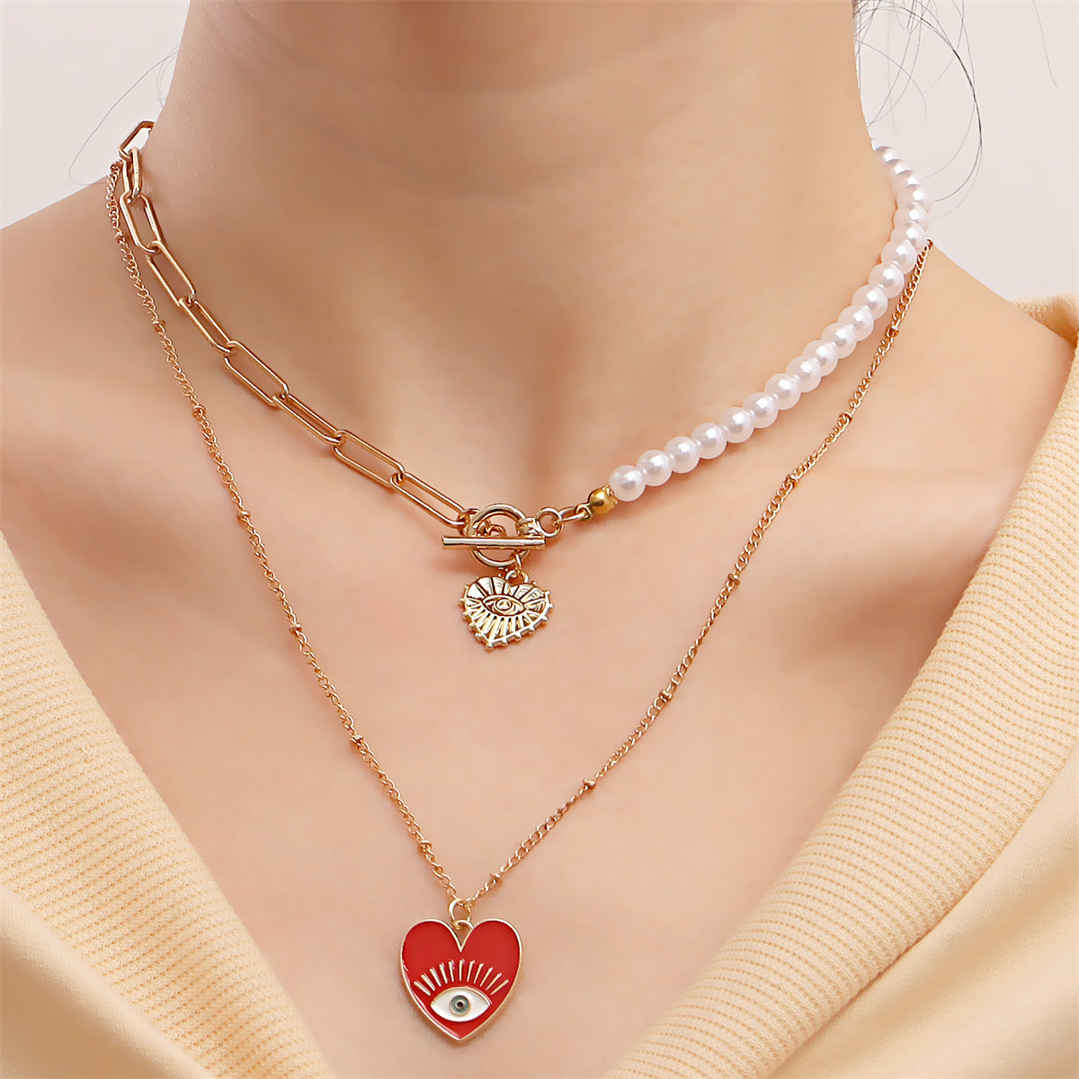 Red Enamel and Pearl Evil Eye Heart Pendant Necklace Set, pendant necklace for women, detail close-up
