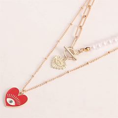 Red Enamel & Pearl Evil Eye Heart Pendant Necklace Set
