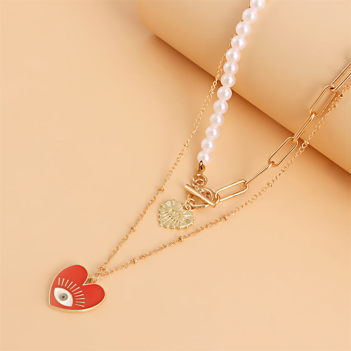 Red Enamel & Pearl Evil Eye Heart Pendant Necklace Set