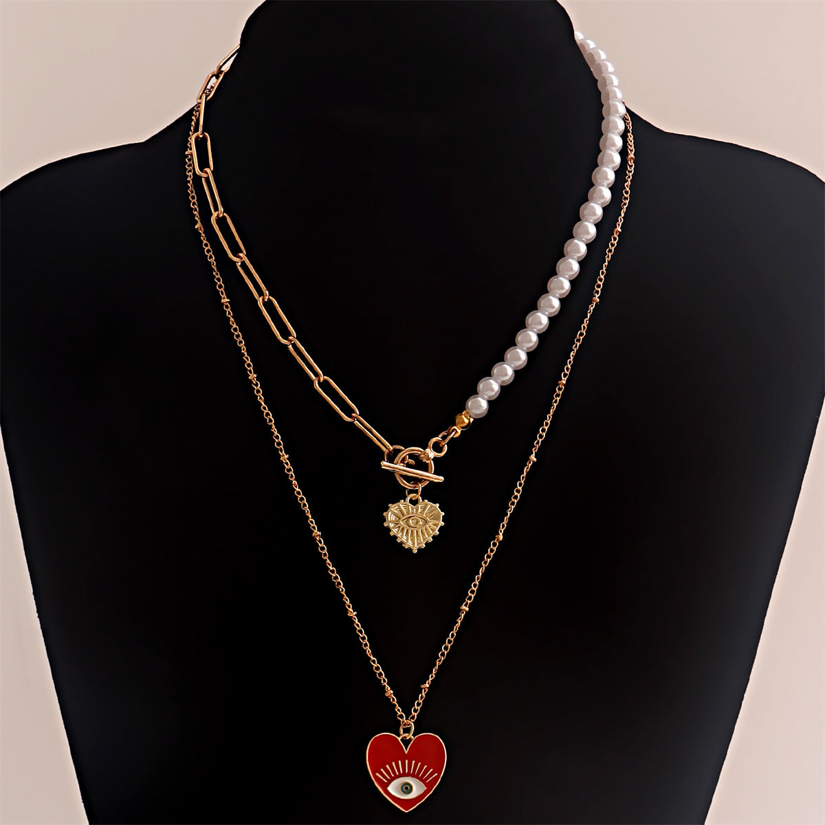 Red Enamel and Pearl Evil Eye Heart Pendant Necklace Set, pendant necklace for women, dainty minimalist design, side view