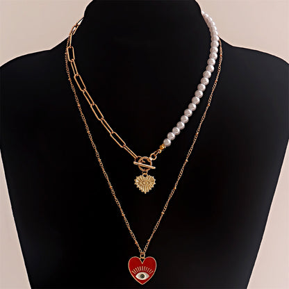Red Enamel and Pearl Evil Eye Heart Pendant Necklace Set, pendant necklace for women, dainty minimalist design, side view