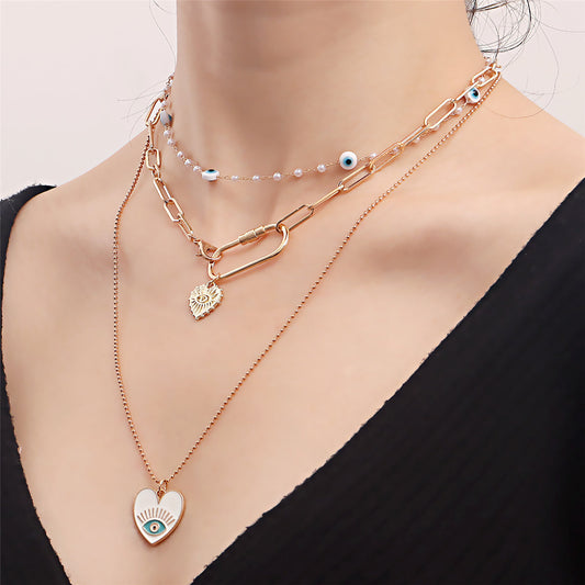 Pearl and Enamel 18K Gold-Plated Eye Heart Pendant Necklace Set, jewelry gift sets for women, botanical inspired, front view