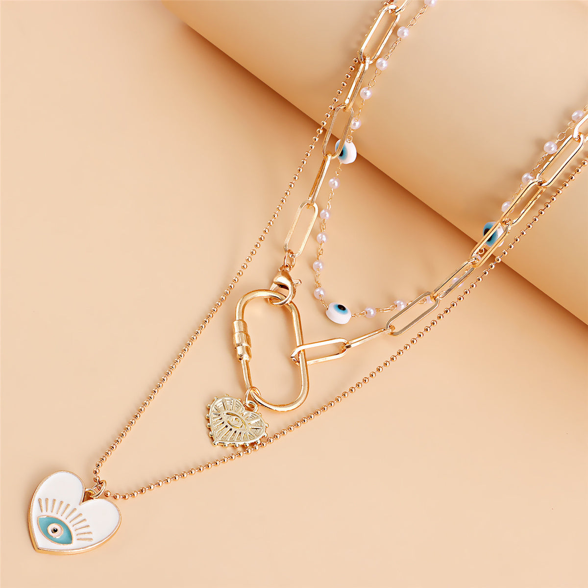 Pearl and Enamel 18K Gold-Plated Eye Heart Pendant Necklace Set, jewelry gift sets for women, detail close-up