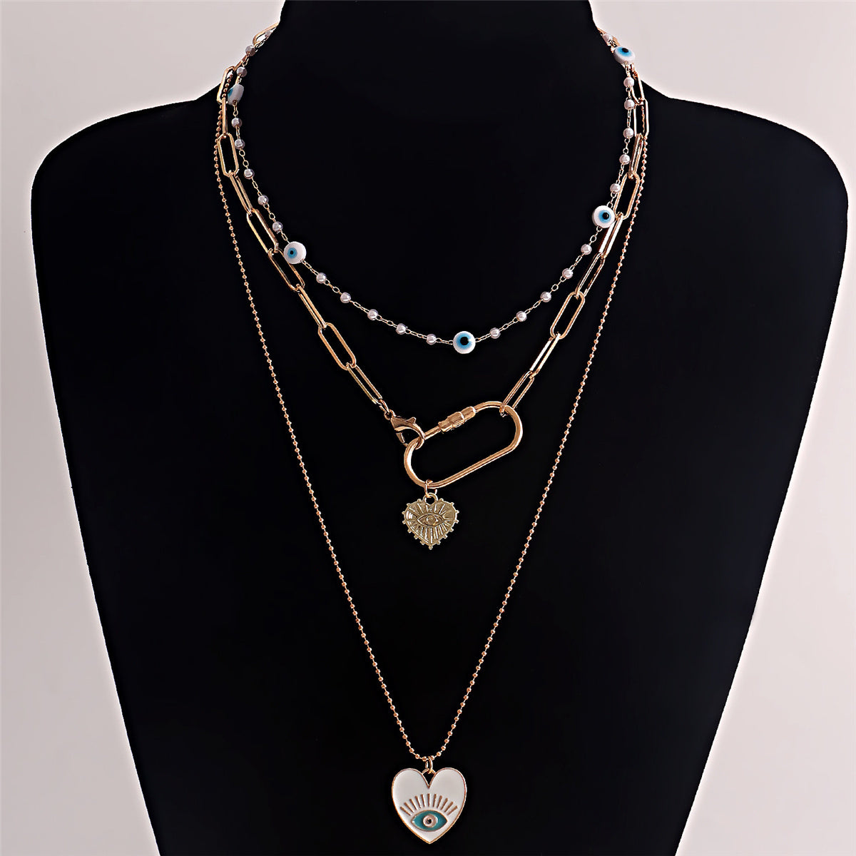 Pearl and Enamel 18K Gold-Plated Eye Heart Pendant Necklace Set, jewelry gift sets for women, botanical inspired, side view