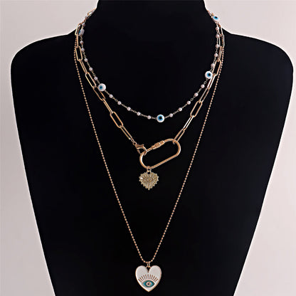 Pearl and Enamel 18K Gold-Plated Eye Heart Pendant Necklace Set, jewelry gift sets for women, botanical inspired, side view
