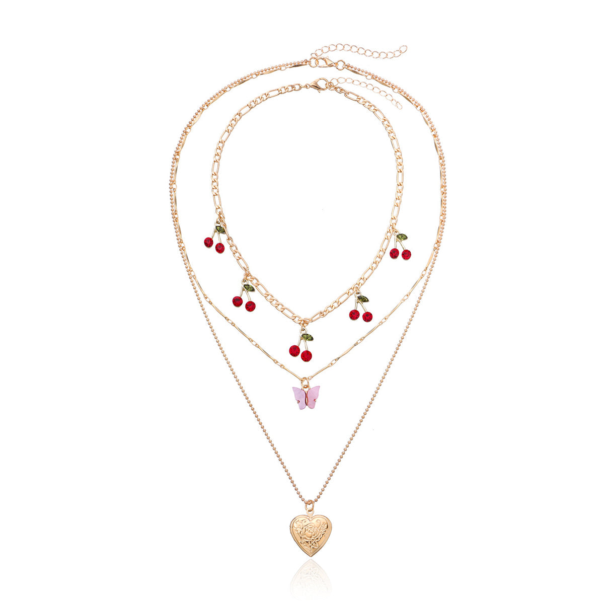Red Cubic Zirconia & Acrylic Cherry Butterfly Heart Locket Necklace Set