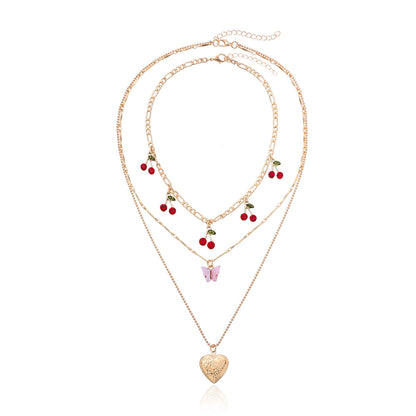 Red Cubic Zirconia and Acrylic Cherry Butterfly Heart Locket Necklace Set, jewelry gift sets for women, lifestyle look
