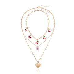 Red Cubic Zirconia & Acrylic Cherry Butterfly Heart Locket Necklace Set