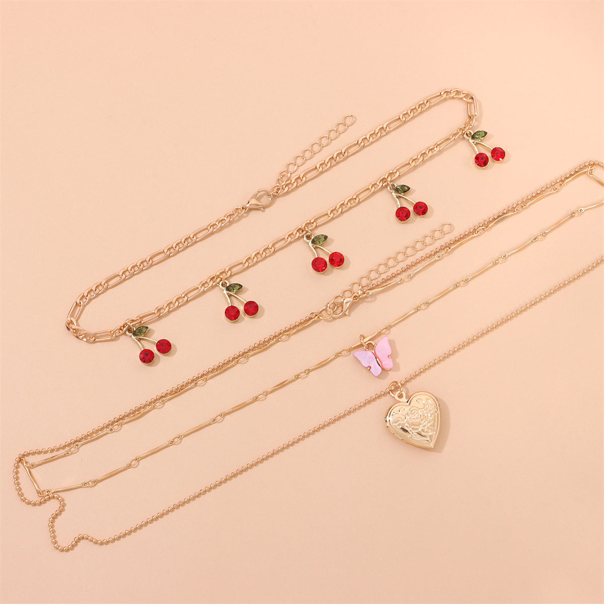 Red Cubic Zirconia & Acrylic Cherry Butterfly Heart Locket Necklace Set
