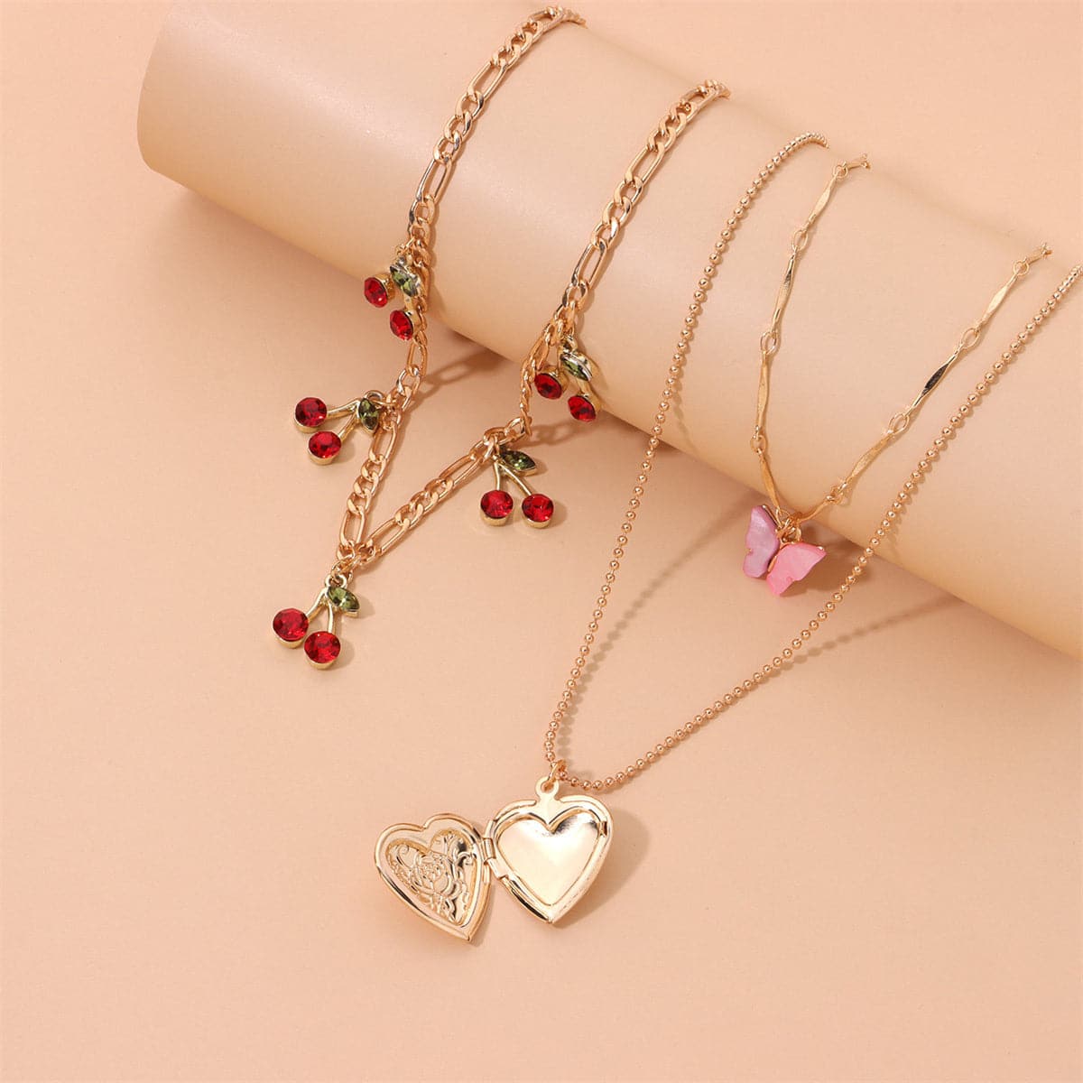 Red Cubic Zirconia and Acrylic Cherry Butterfly Heart Locket Necklace Set, jewelry gift sets for women, side view