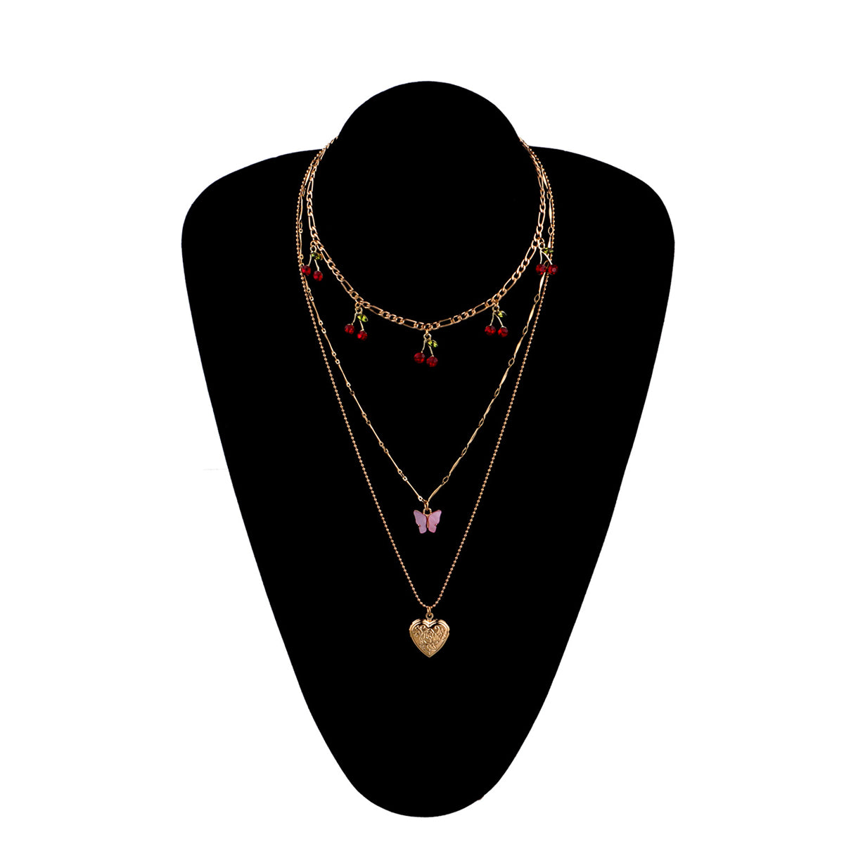 Red Cubic Zirconia and Acrylic Cherry Butterfly Heart Locket Necklace Set, jewelry gift sets for women, detail close-up
