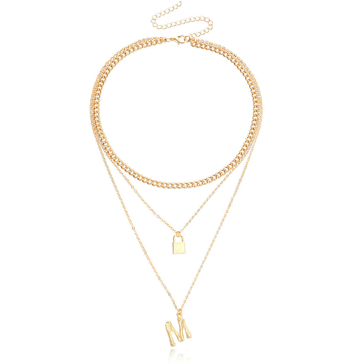Dazzling 18K gold-plated layered necklace with a unique 'M' lock and key design, a must-have accessory for fashion lovers.