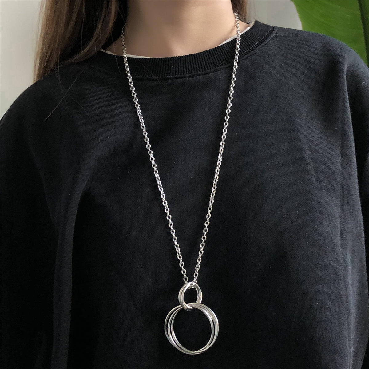 Silver-Plated Interlocked Circle Pendant Necklace, silver pendant necklace for women, everyday style, front view