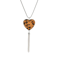 Tan Polyurethane & Silver-Plated Leopard Heart Tassel Pendant Necklace